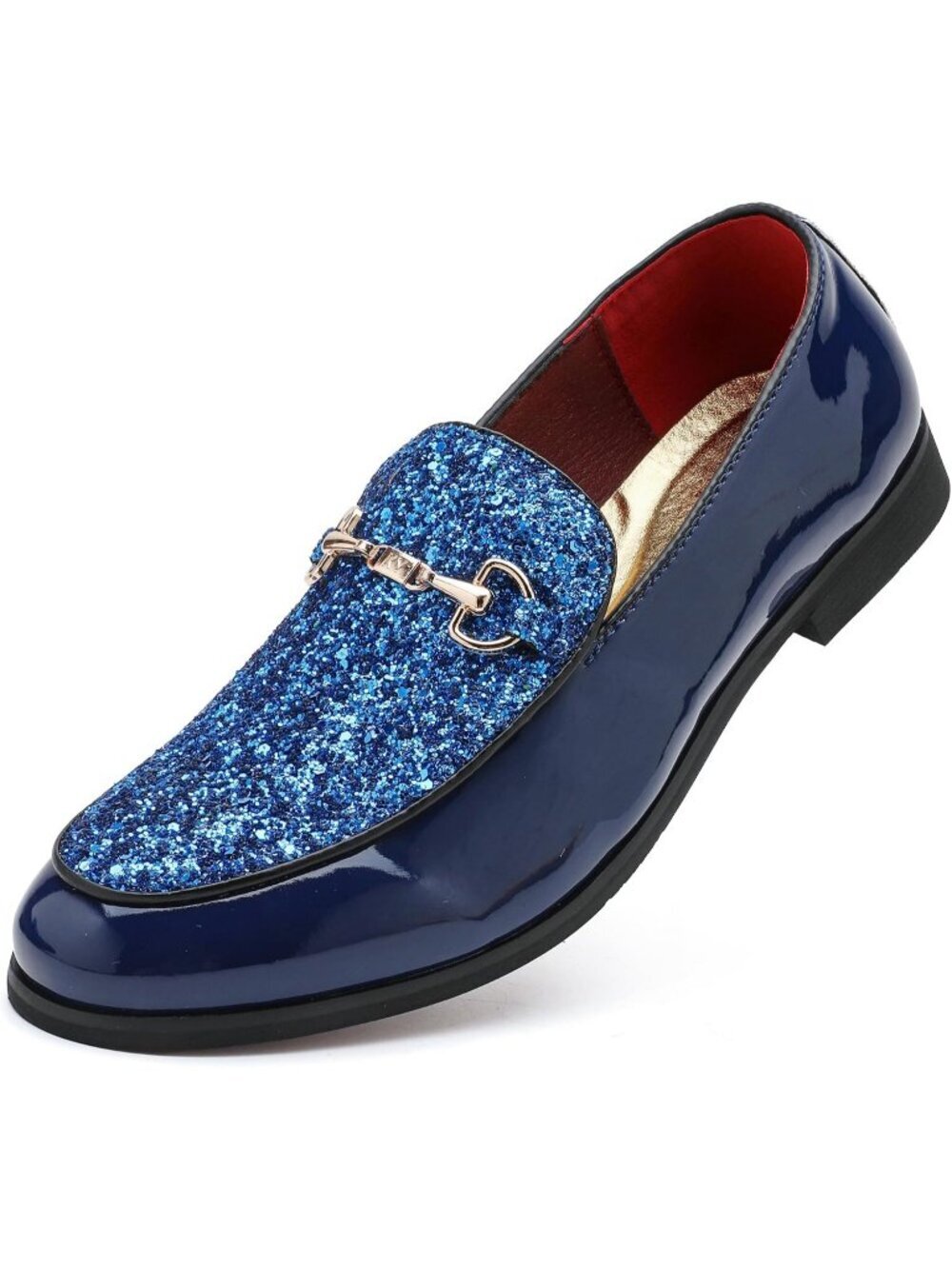 Men's Blue Rubber Sole Leather Sparkly Sequins Loafers Gold Buckle Party Shoes